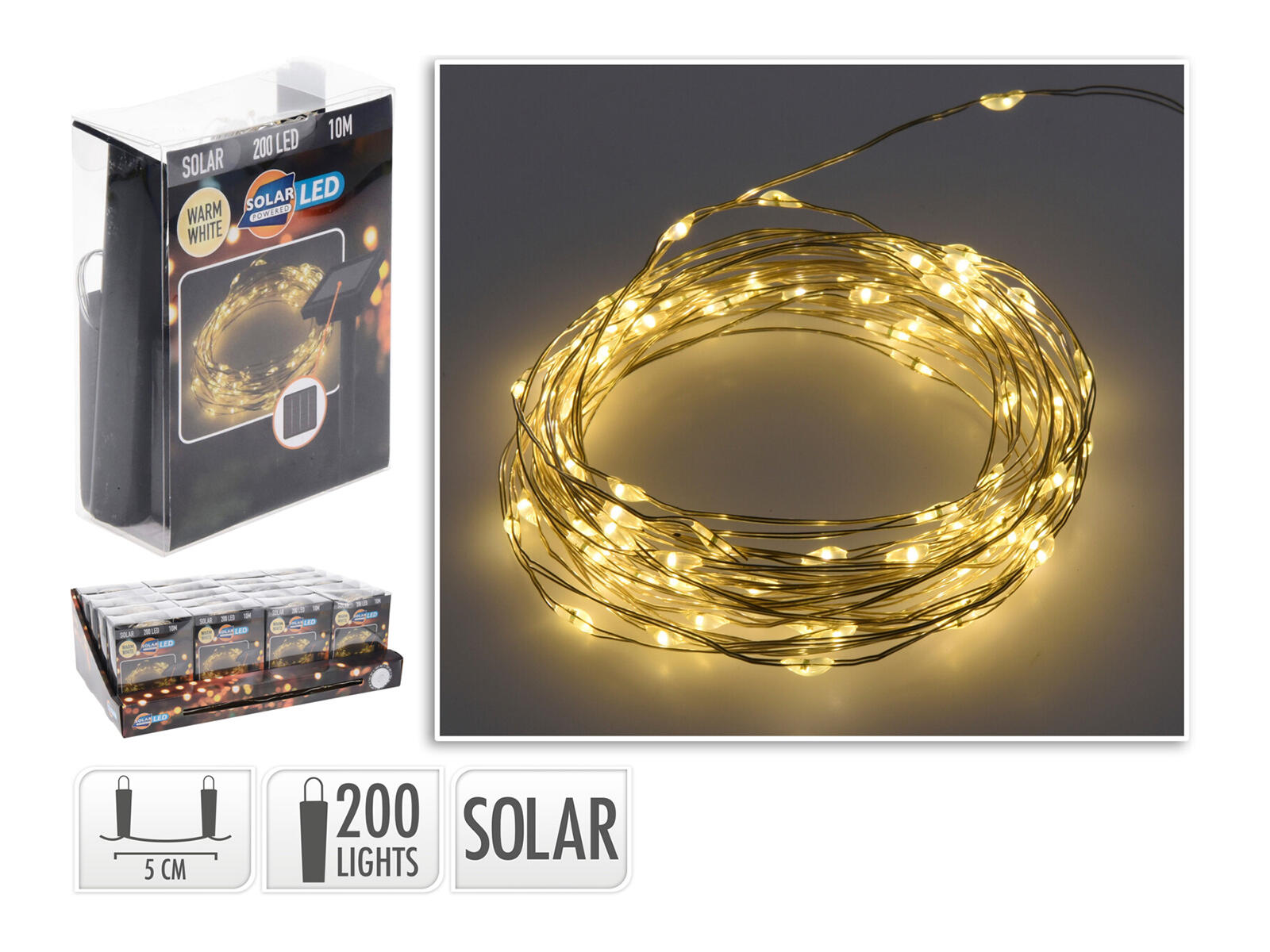 osvětlení vánoční solární 10m 200LED teplá BÍ, drát 0.11 Kg MTA MAXMIX Sklad14 387365